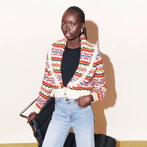 SAYLOR Charli Ski Fair Isle Fringe Cropped Cardigan Sweater Sz M $297 {240}